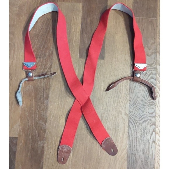 Vintage Elastic Button Style Leather Connectors Red Suspenders - Picture 1 of 5